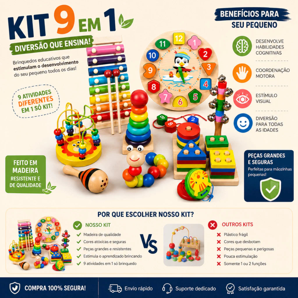 Brinquedo Montessori de Madeira 9 em 1 | Coordenação Motora e Diversão Sensorial