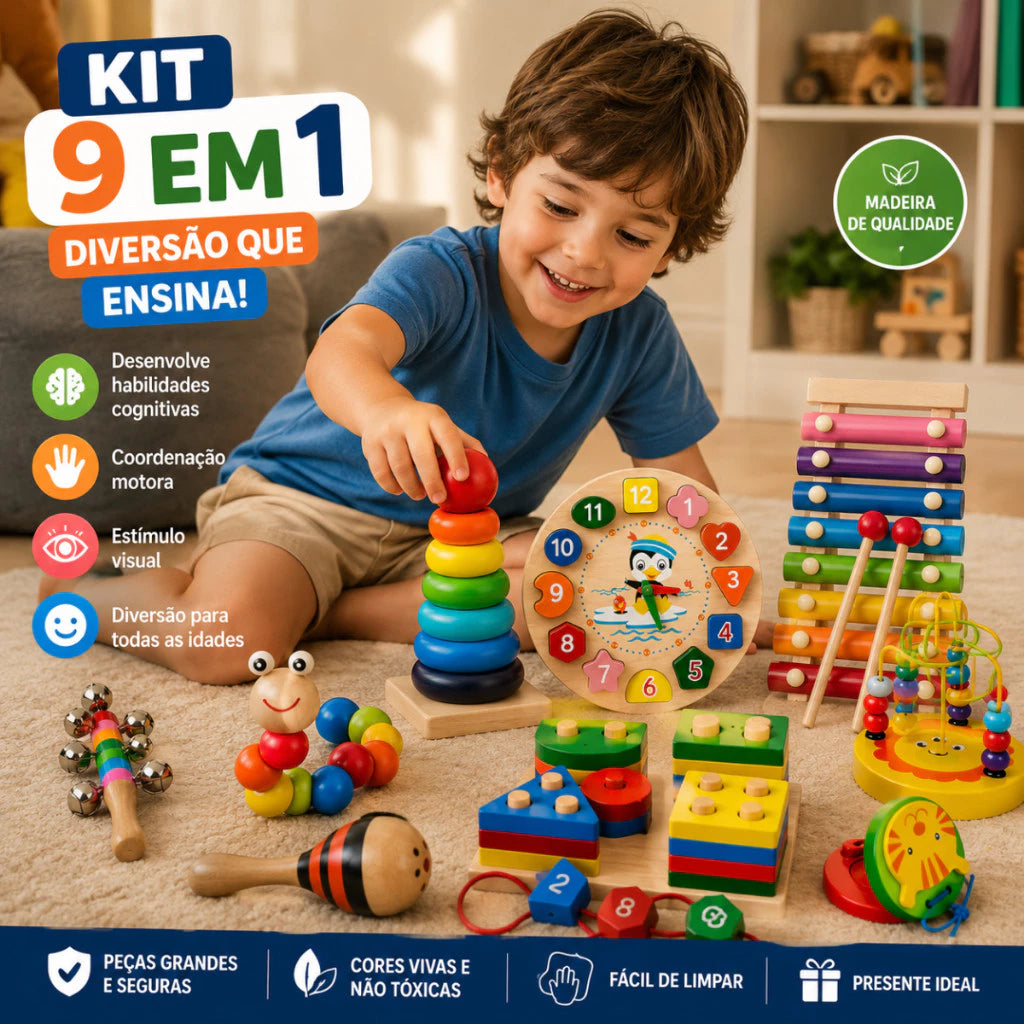Brinquedo Montessori de Madeira 9 em 1 | Coordenação Motora e Diversão Sensorial