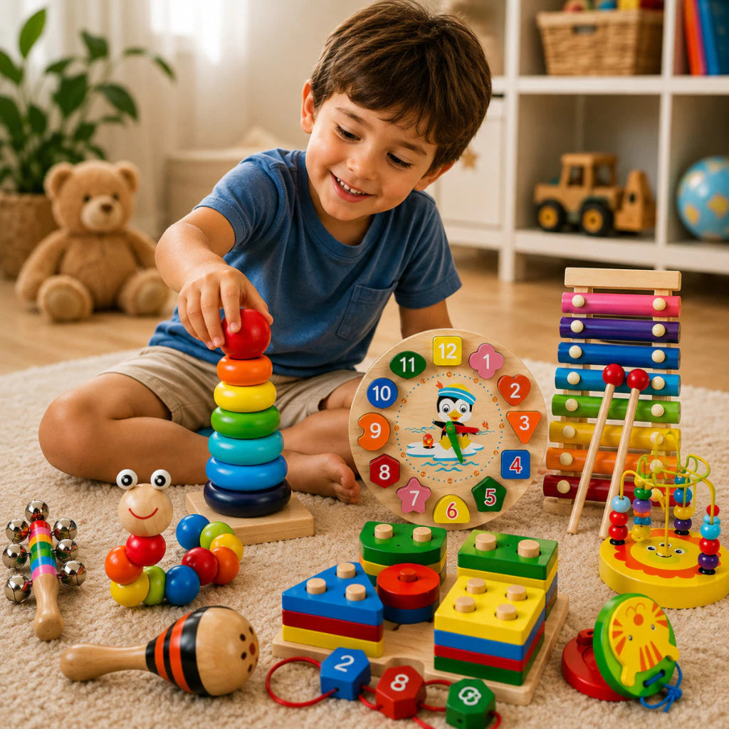 Brinquedo Montessori de Madeira 9 em 1 | Coordenação Motora e Diversão Sensorial