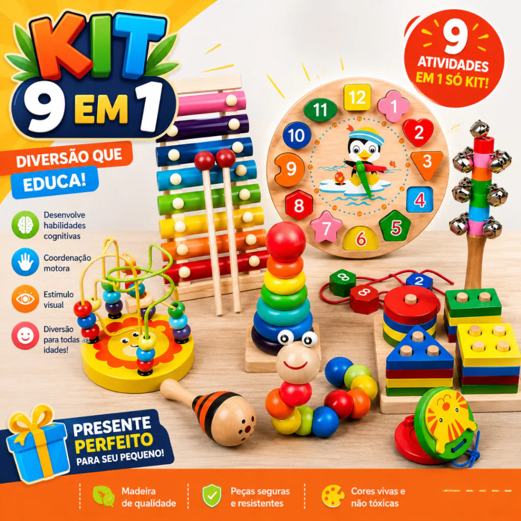 Brinquedo Montessori de Madeira 9 em 1 | Coordenação Motora e Diversão Sensorial