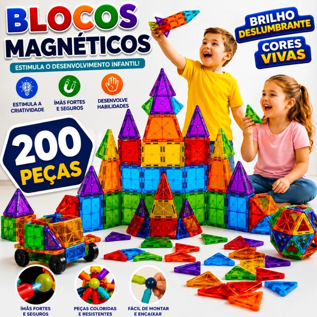 Blocos Magnéticos de Montar 102 Peças | Brinquedo Infantil Educativo 3D