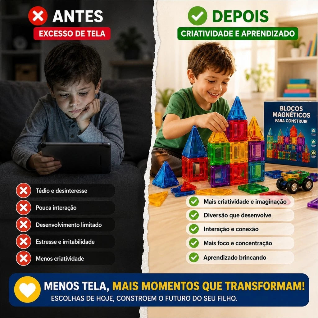 Blocos Magnéticos de Montar 102 Peças | Brinquedo Infantil Educativo 3D