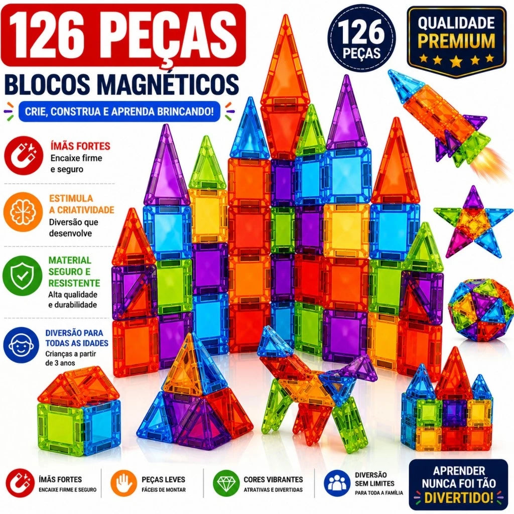 Blocos Magnéticos de Montar 102 Peças | Brinquedo Infantil Educativo 3D