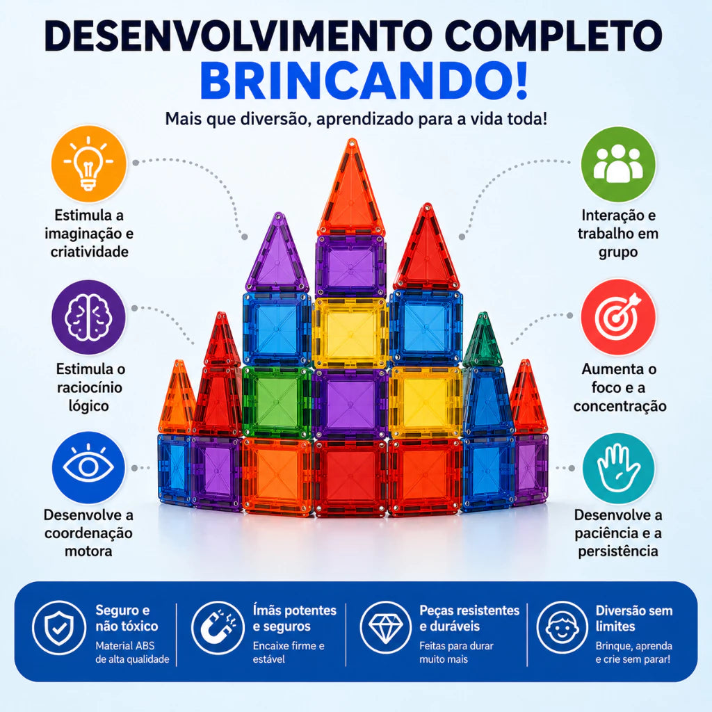Blocos Magnéticos de Montar 102 Peças | Brinquedo Infantil Educativo 3D