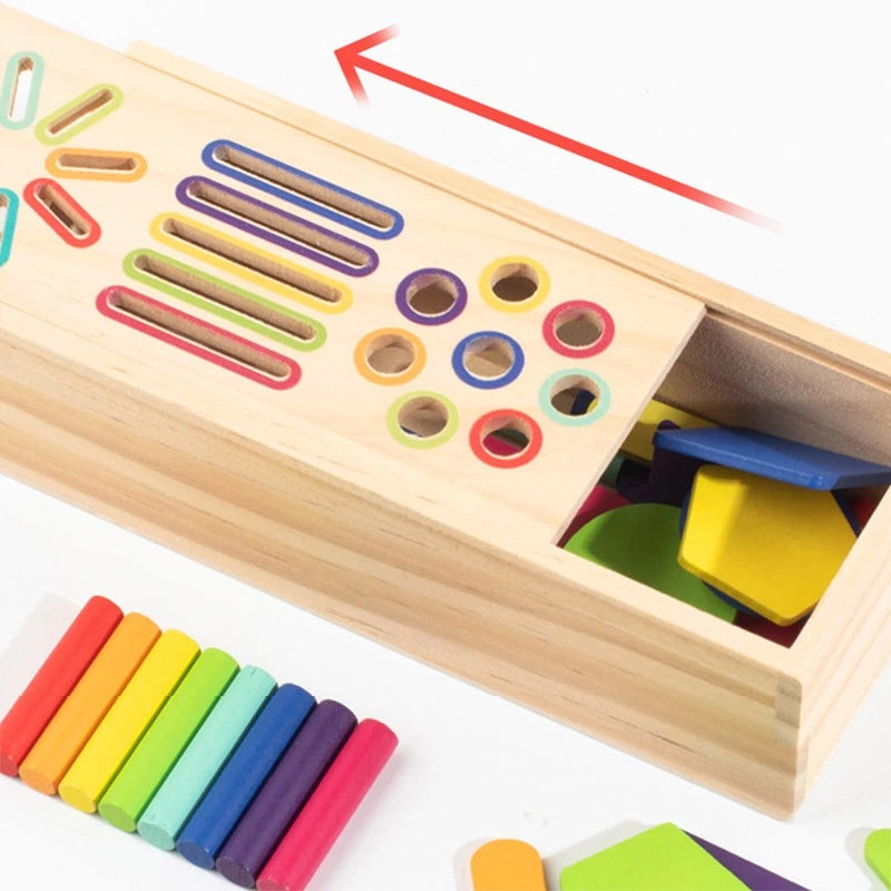Caixa Montessori de Madeira 3 em 1 | Classificação de Formas Geométricas e Cores