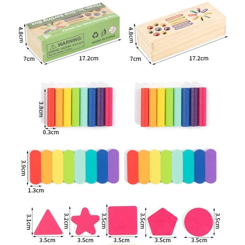 Caixa Montessori de Madeira 3 em 1 | Classificação de Formas Geométricas e Cores