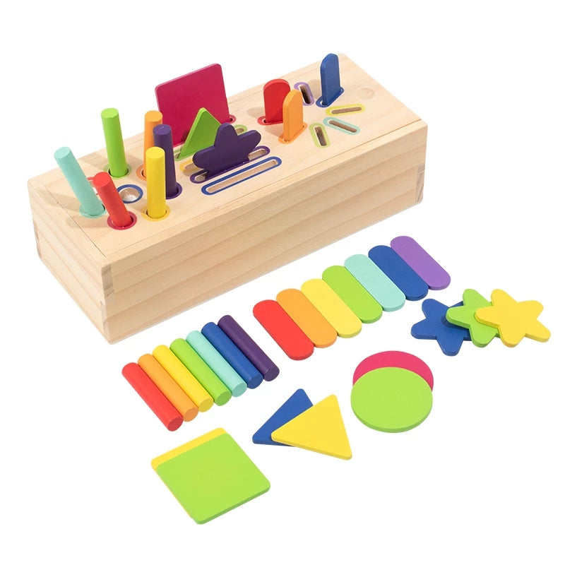 Caixa Montessori de Madeira 3 em 1 | Classificação de Formas Geométricas e Cores