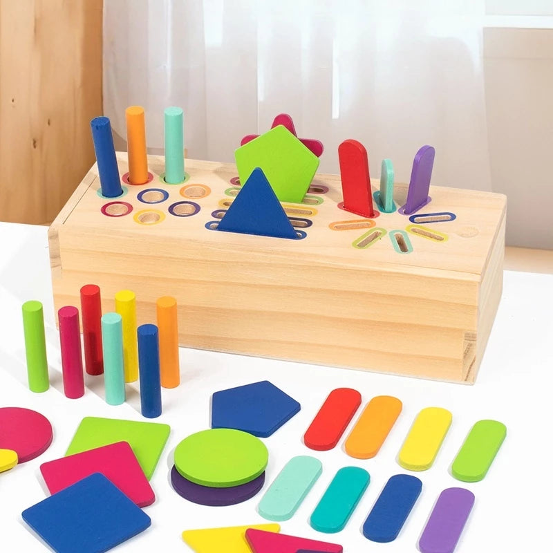 Caixa Montessori de Madeira 3 em 1 | Classificação de Formas Geométricas e Cores