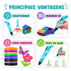 Caneta Impressora 3D Infantil | Tela LCD | Compatível com PLA e ABS | Desenho e Artesanato DIY
