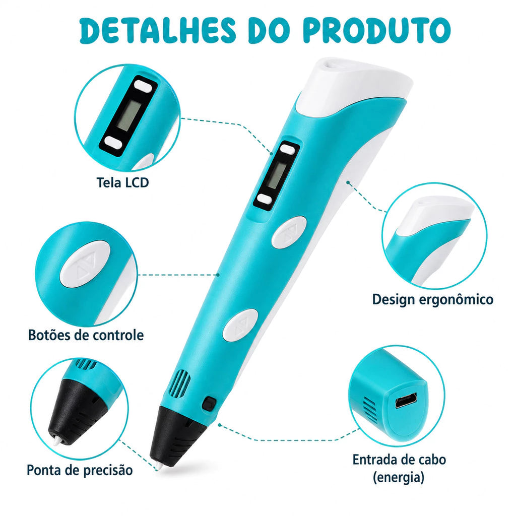 Caneta Impressora 3D Infantil | Tela LCD | Compatível com PLA e ABS | Desenho e Artesanato DIY