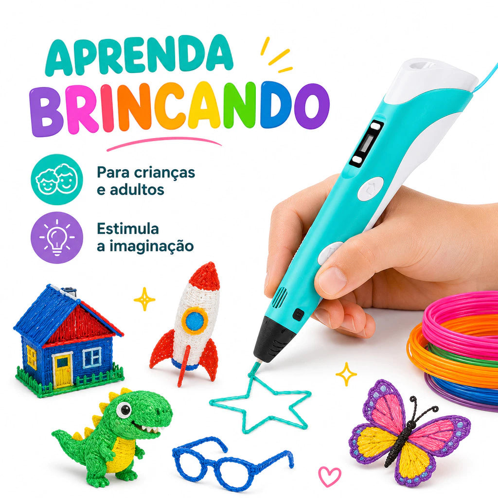 Caneta Impressora 3D Infantil | Tela LCD | Compatível com PLA e ABS | Desenho e Artesanato DIY