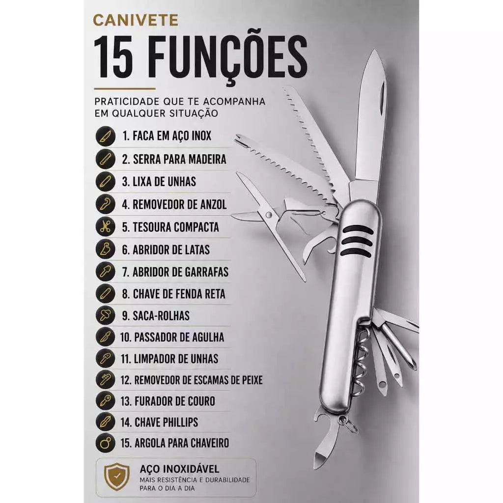Canivete Suíço Premium 15 Funções Aço Inox | Compacto | Camping Pesca Trilha Sobrevivência