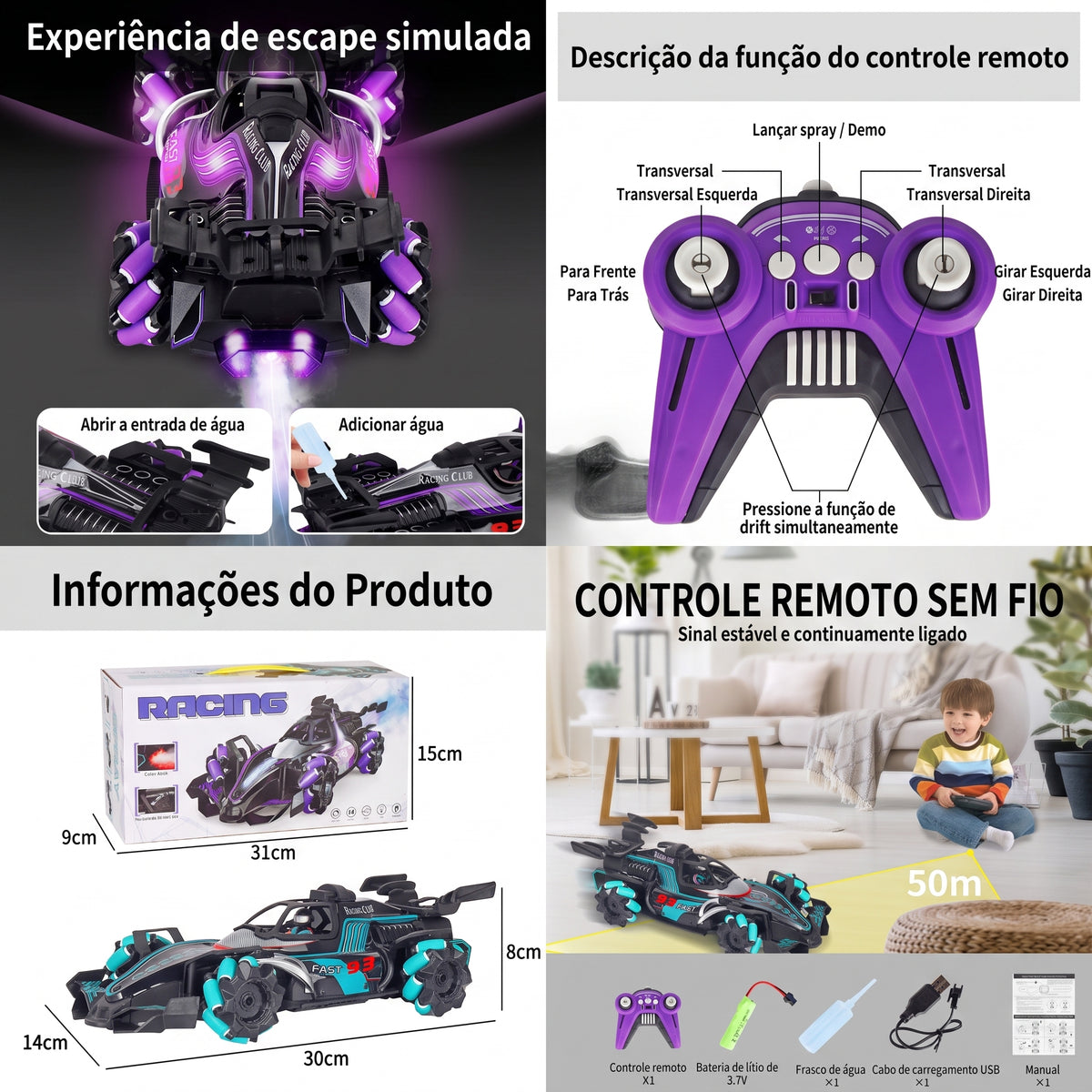 Carrinho de Fórmula com Fumaça e Luzes | Controle Remoto Recarregável com Drift