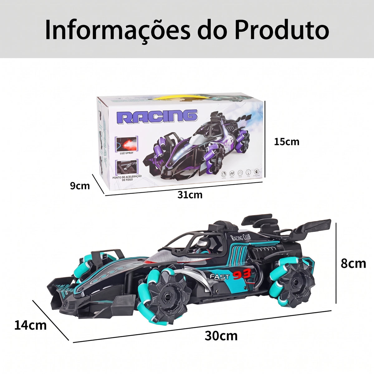 Carrinho de Fórmula com Fumaça e Luzes | Controle Remoto Recarregável com Drift