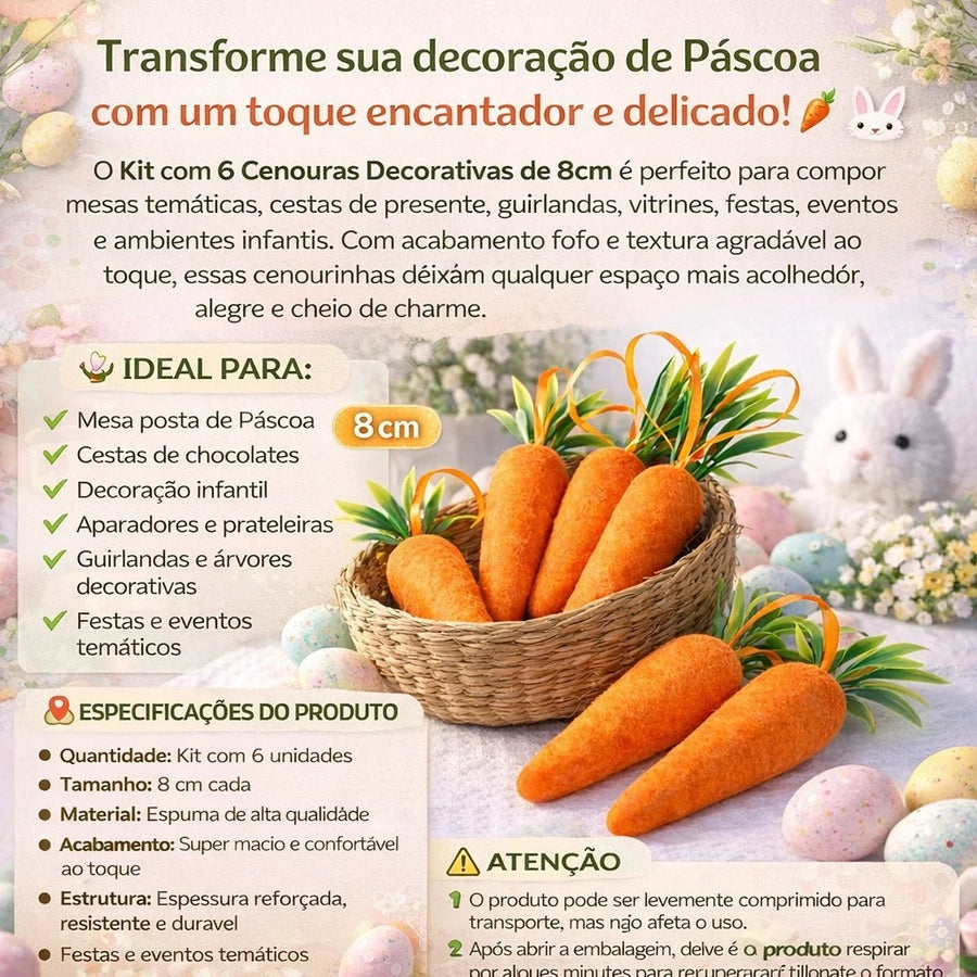 Combo 6 Mini Cenouras de Páscoa | Enfeite Macio para Guirlandas e Árvores