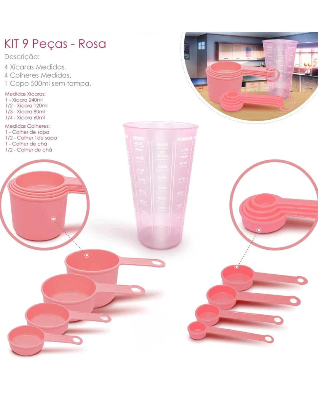 Conjunto Medidor Gourmet Rosa | Kit Completo 9 em 1 para Receitas Perfeitas
