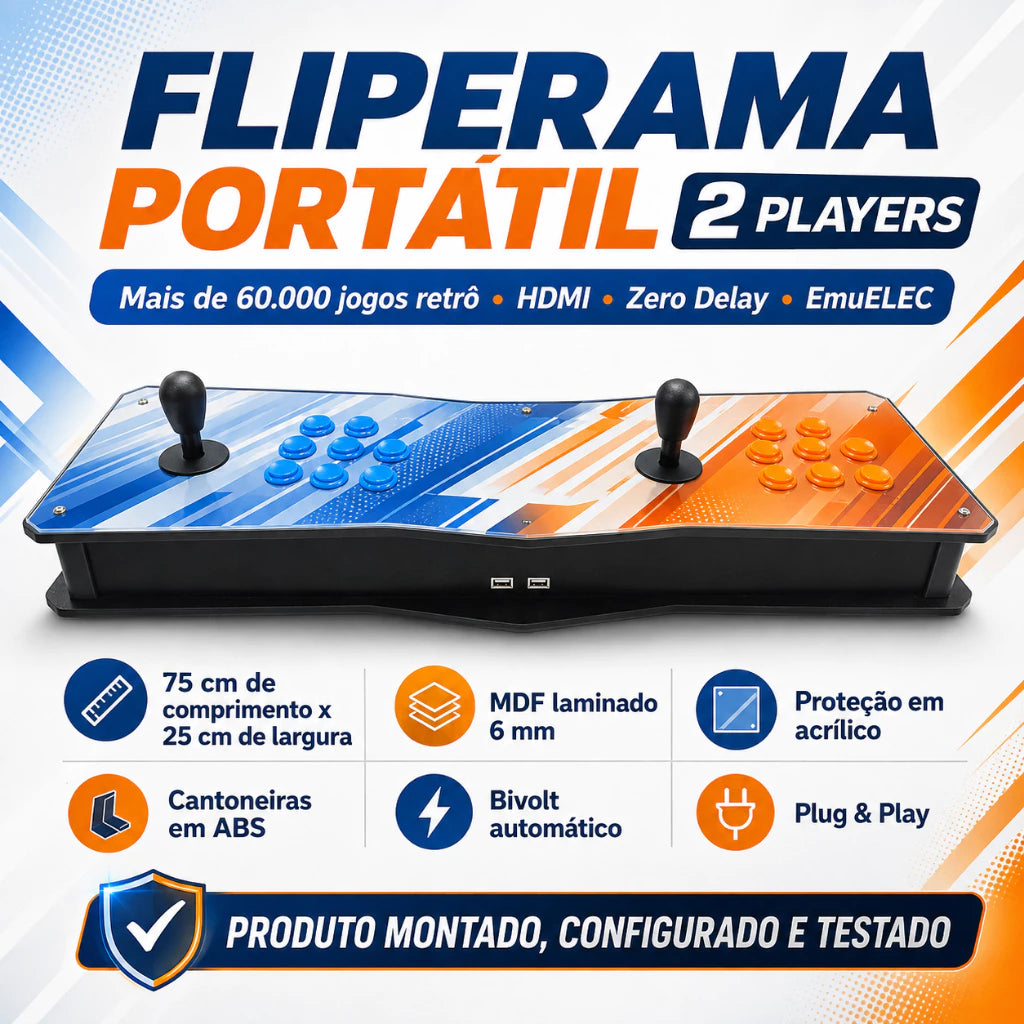 Fliperama Portátil 2 Players | Arcade Retrô com +60.000 Jogos Clássicos | HDMI | Zero Delay | Plug & Play