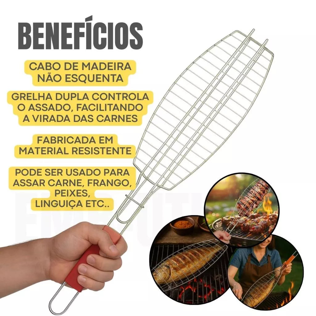 Grelha para Peixe e Carnes Inox Premium | Sistema de Trava e Cabo Térmico