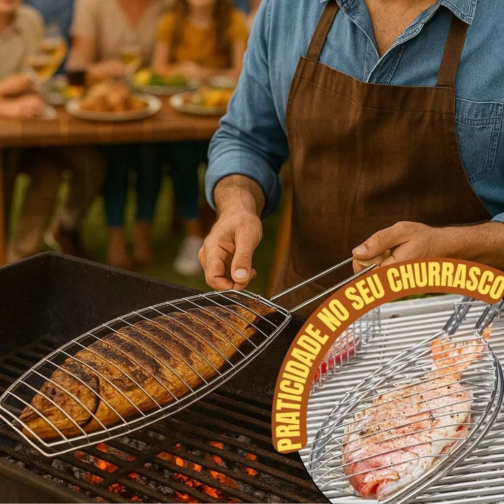 Grelha para Peixe e Carnes Inox Premium | Sistema de Trava e Cabo Térmico