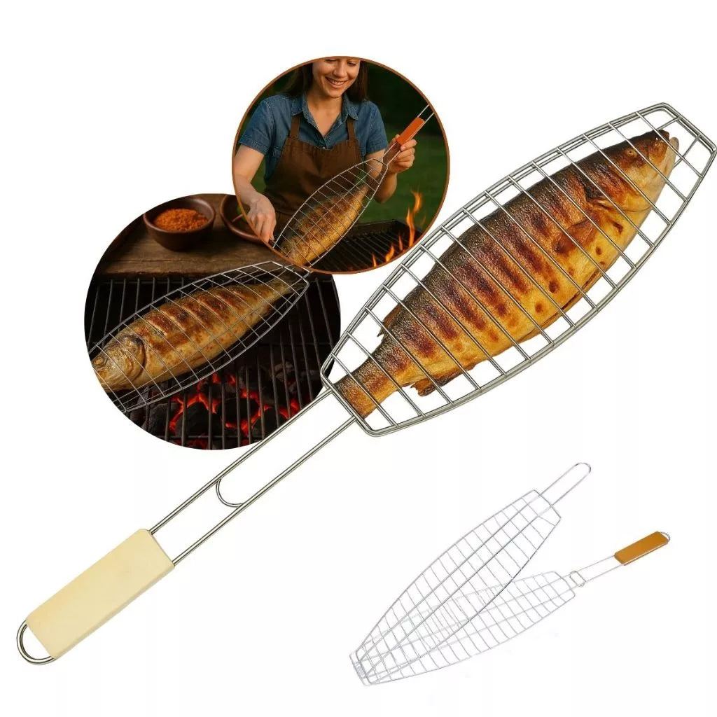 Grelha para Peixe e Carnes Inox Premium | Sistema de Trava e Cabo Térmico