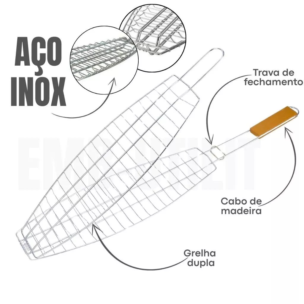 Grelha para Peixe e Carnes Inox Premium | Sistema de Trava e Cabo Térmico