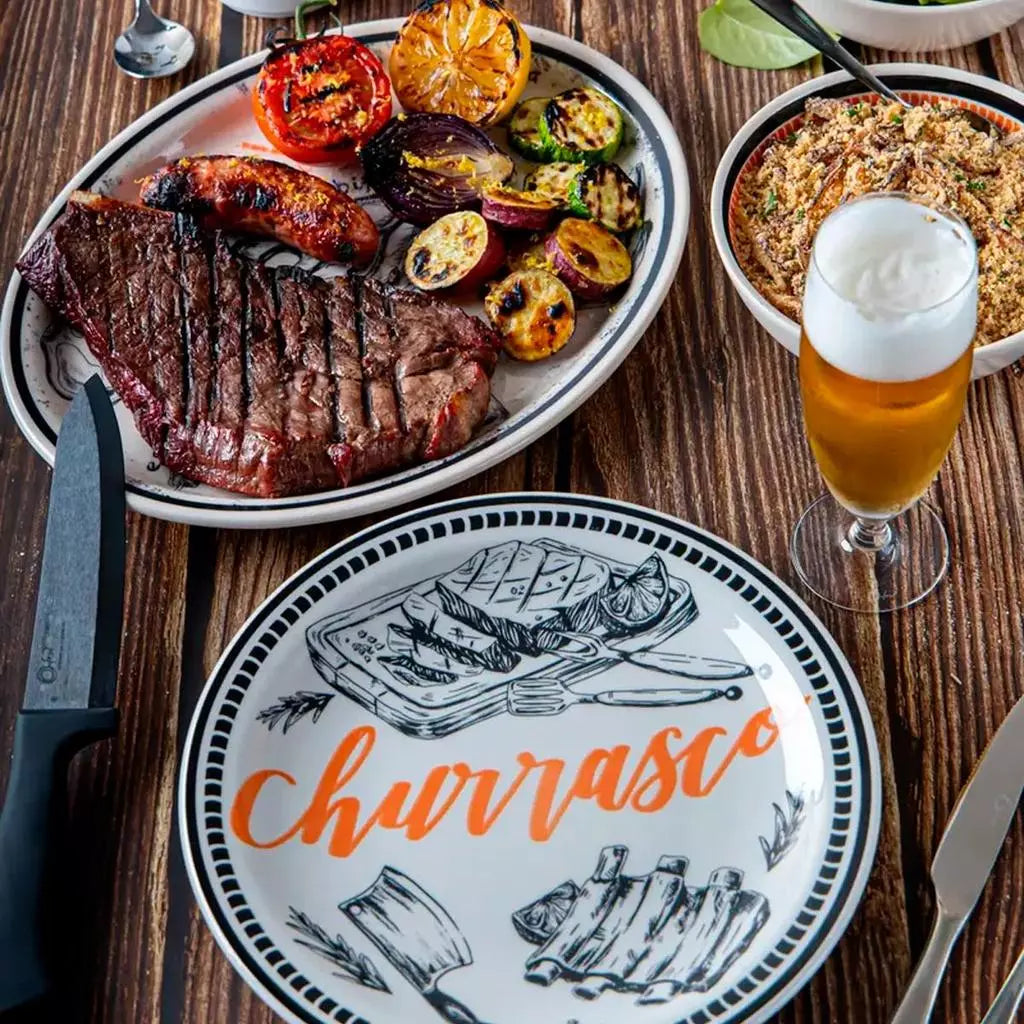 Jogo de Churrasco Oxford 6 Peças | Travessa, Pratos e Tigela em Cerâmica