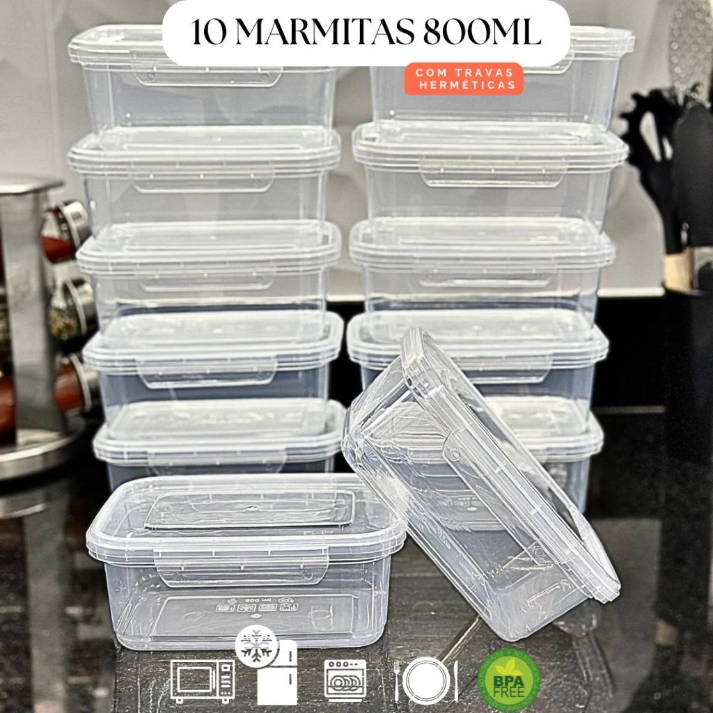 Kit 10 Marmitas Fitness Pro | Potes 800ml com Travas de Vedação Total