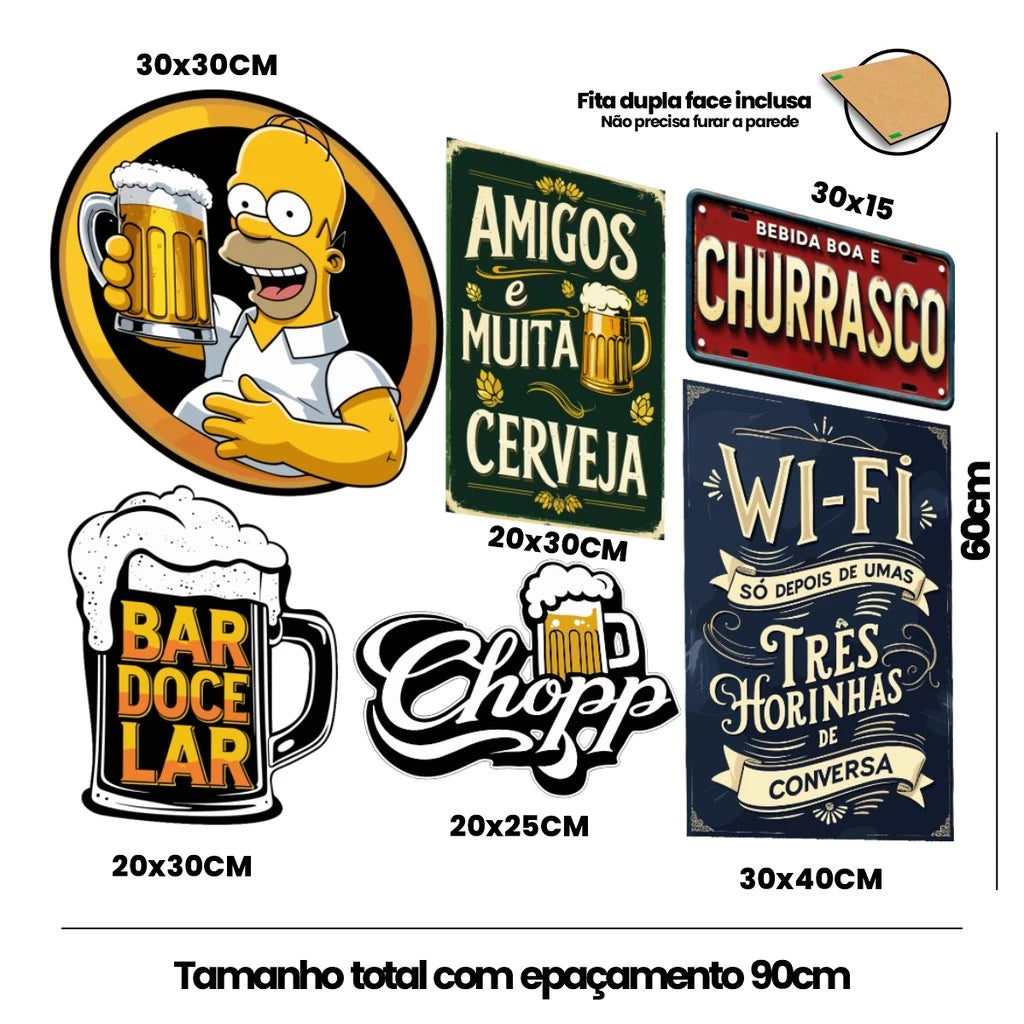 Kit 6 Placas Decorativas Bar e Churrasco | Design Vintage Retrô em MDF Premium