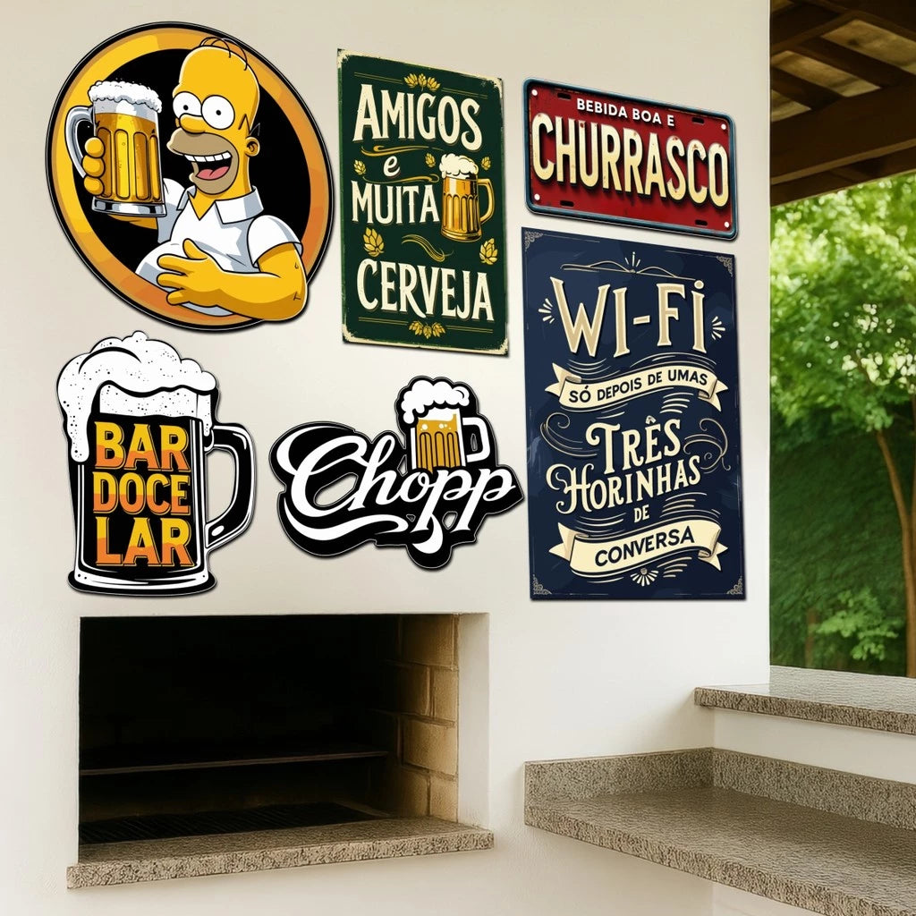 Kit 6 Placas Decorativas Bar e Churrasco | Design Vintage Retrô em MDF Premium