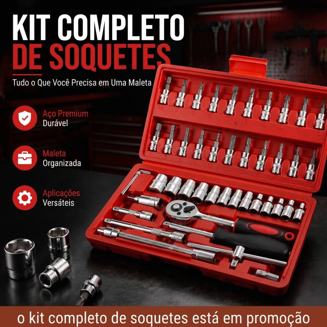 Kit Chaves TorquePro 46 Peças | Soquetes em Aço Titânio Vanádio com Maleta para Qualquer Reparo