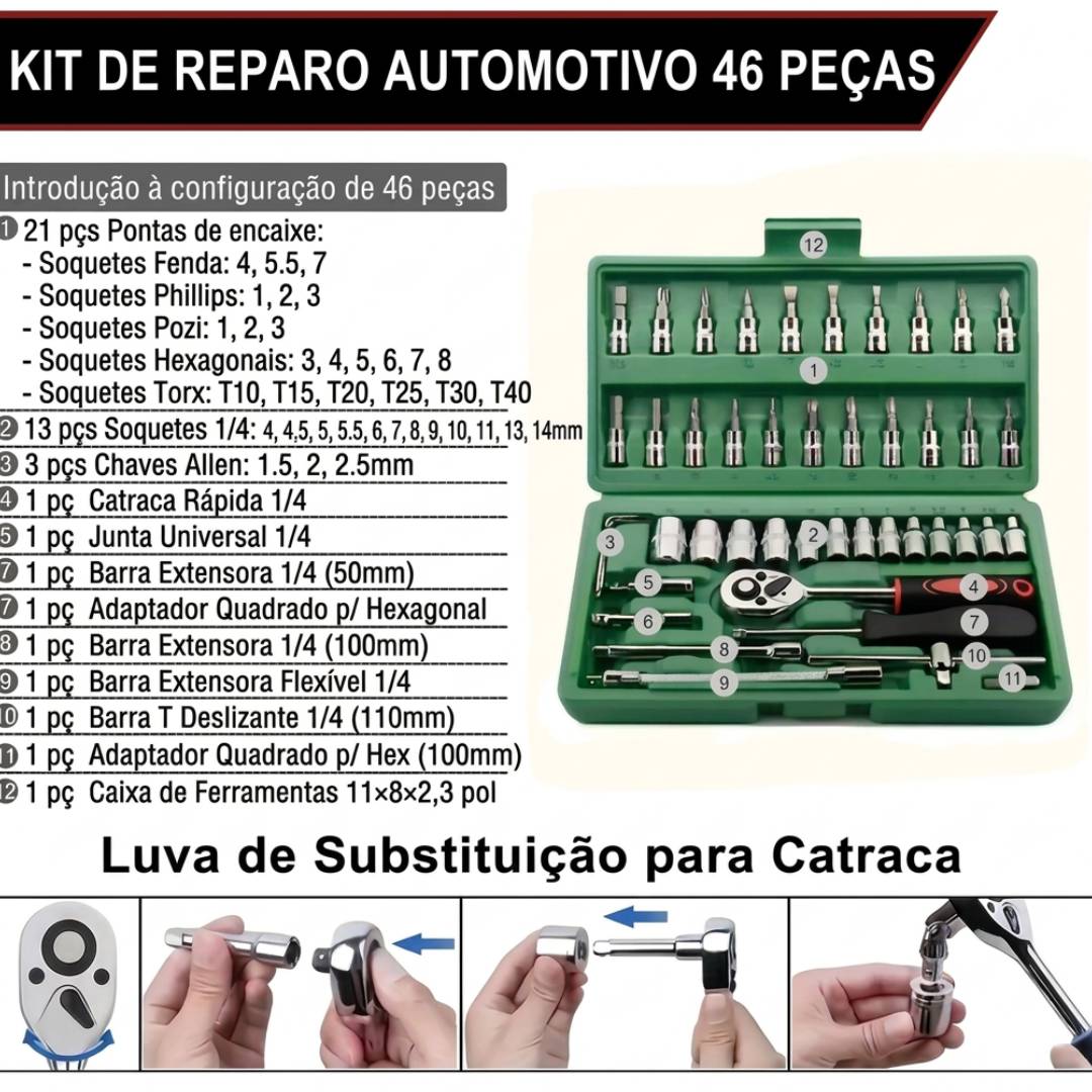 Kit Chaves TorquePro 46 Peças | Soquetes em Aço Titânio Vanádio com Maleta para Qualquer Reparo
