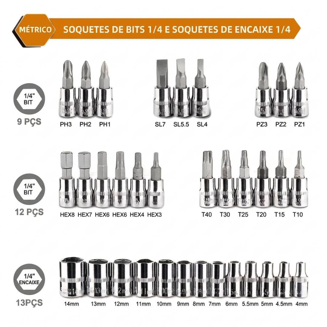 Kit Chaves TorquePro 46 Peças | Soquetes em Aço Titânio Vanádio com Maleta para Qualquer Reparo
