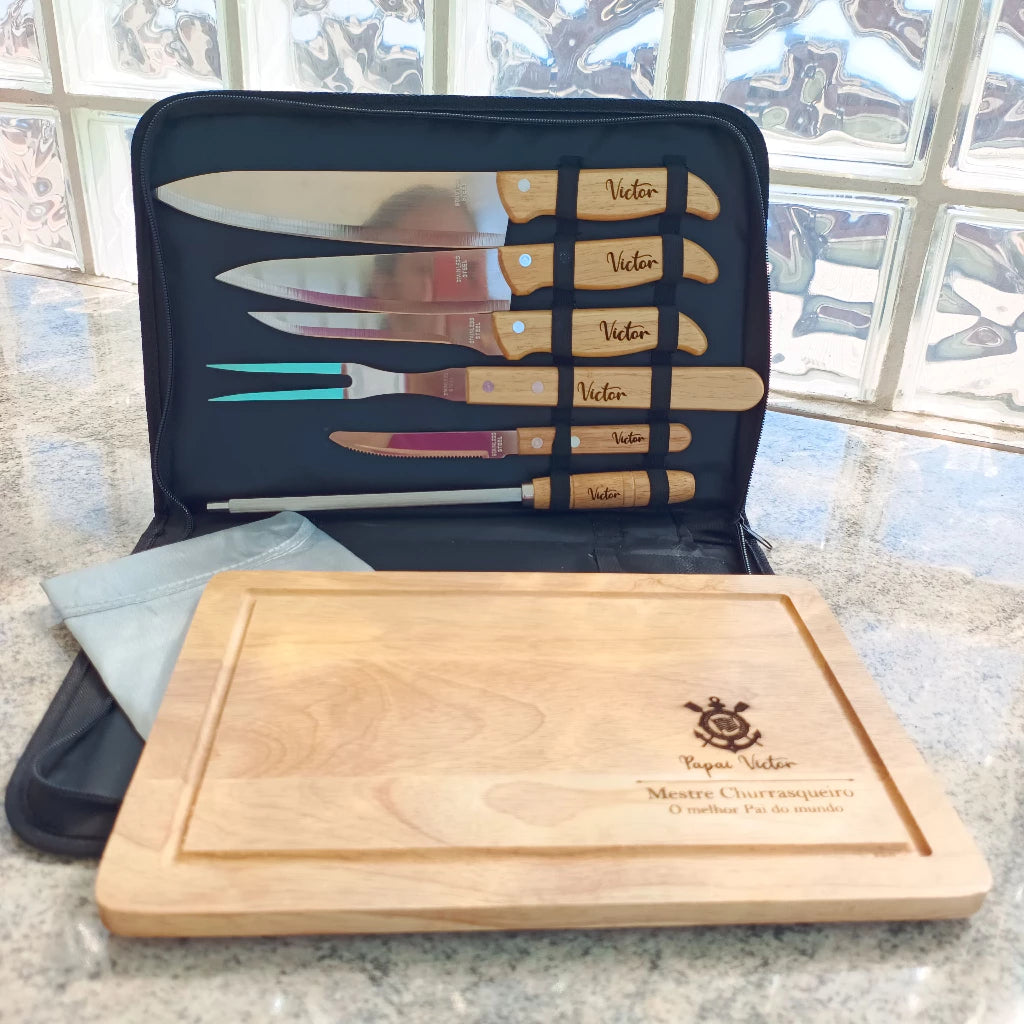 Kit Churrasco Personalizado 8 Peças | Maleta com Facas Inox e Cabo Bambu
