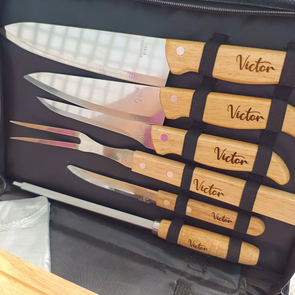 Kit Churrasco Personalizado 8 Peças | Maleta com Facas Inox e Cabo Bambu