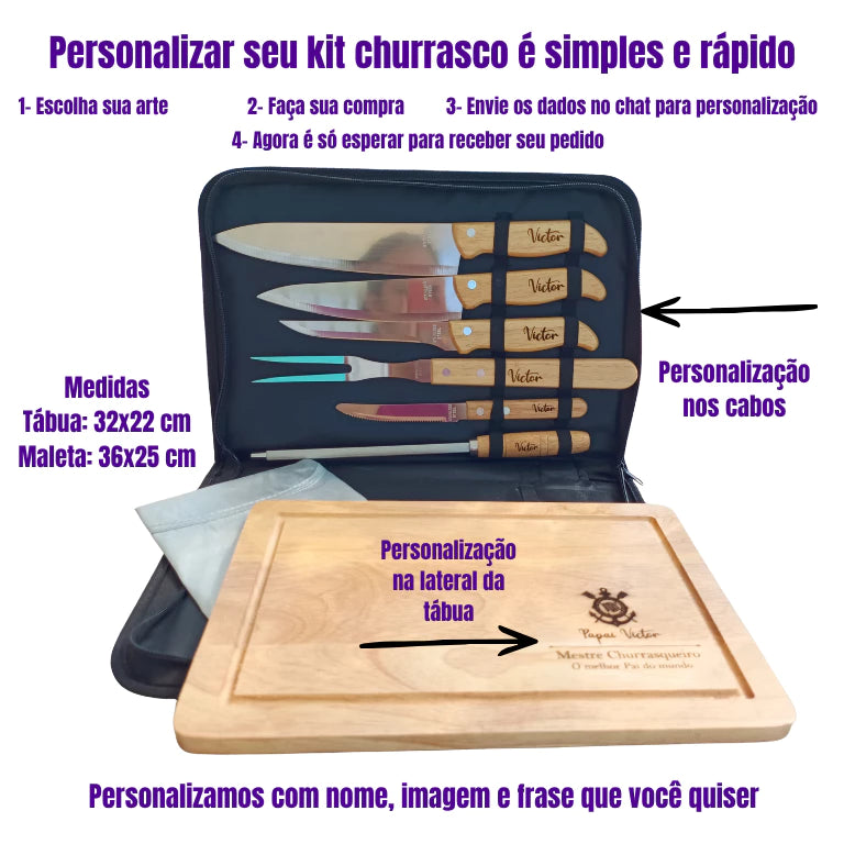 Kit Churrasco Personalizado 8 Peças | Maleta com Facas Inox e Cabo Bambu