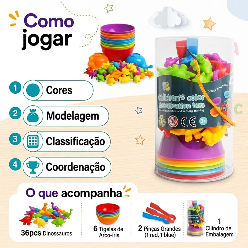 Kit Educativo Montessori | Animais Coloridos + Tigelas + Pinças | Matemática e Coordenação Motora