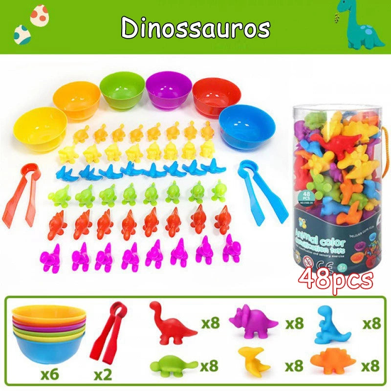 Kit Educativo Montessori | Animais Coloridos + Tigelas + Pinças | Matemática e Coordenação Motora