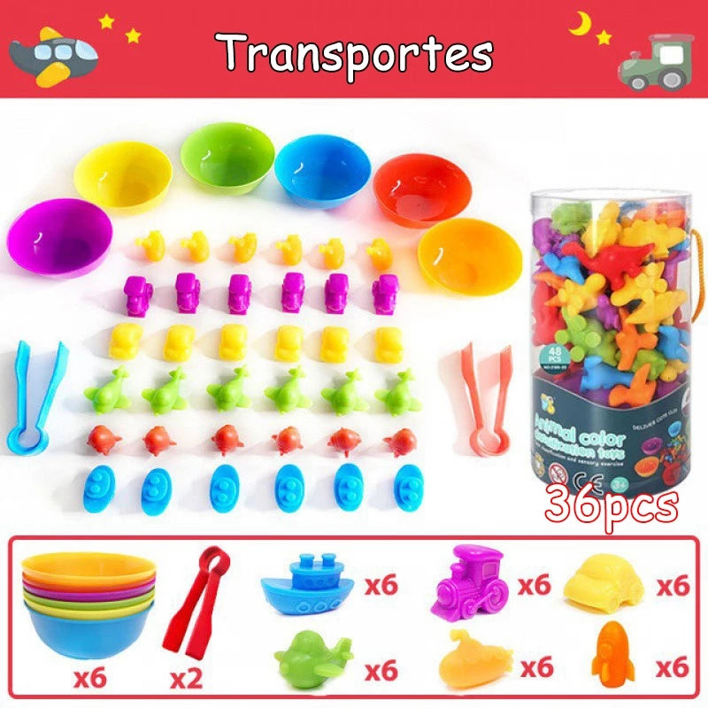 Kit Educativo Montessori | Animais Coloridos + Tigelas + Pinças | Matemática e Coordenação Motora