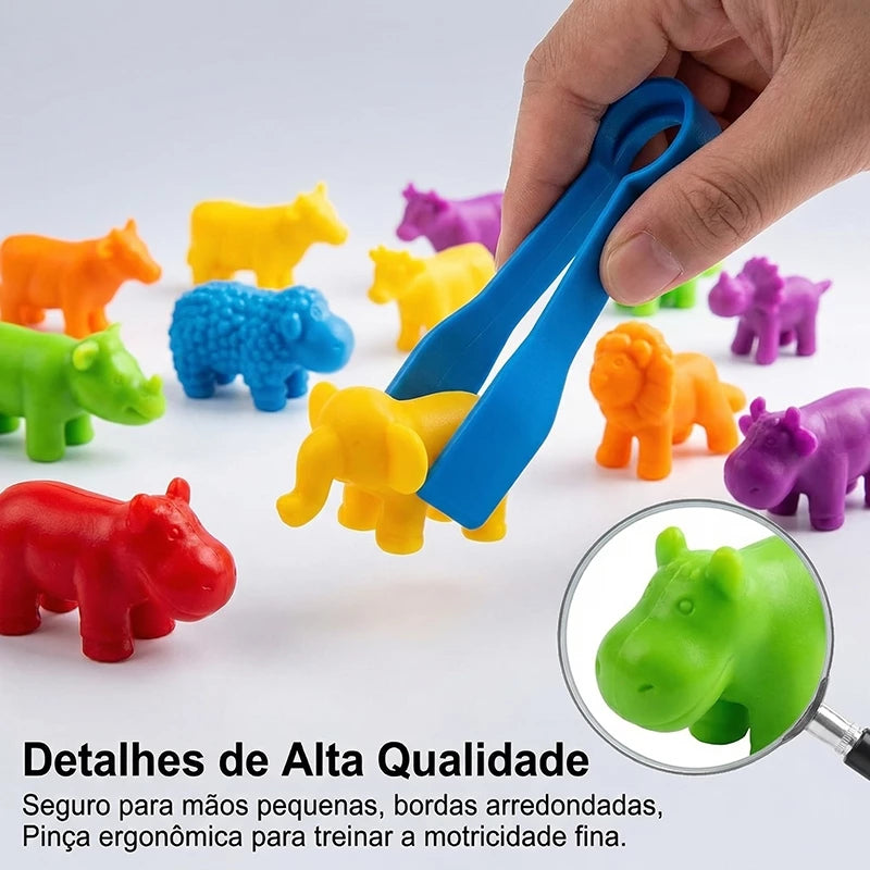 Kit Educativo Montessori | Animais Coloridos + Tigelas + Pinças | Matemática e Coordenação Motora