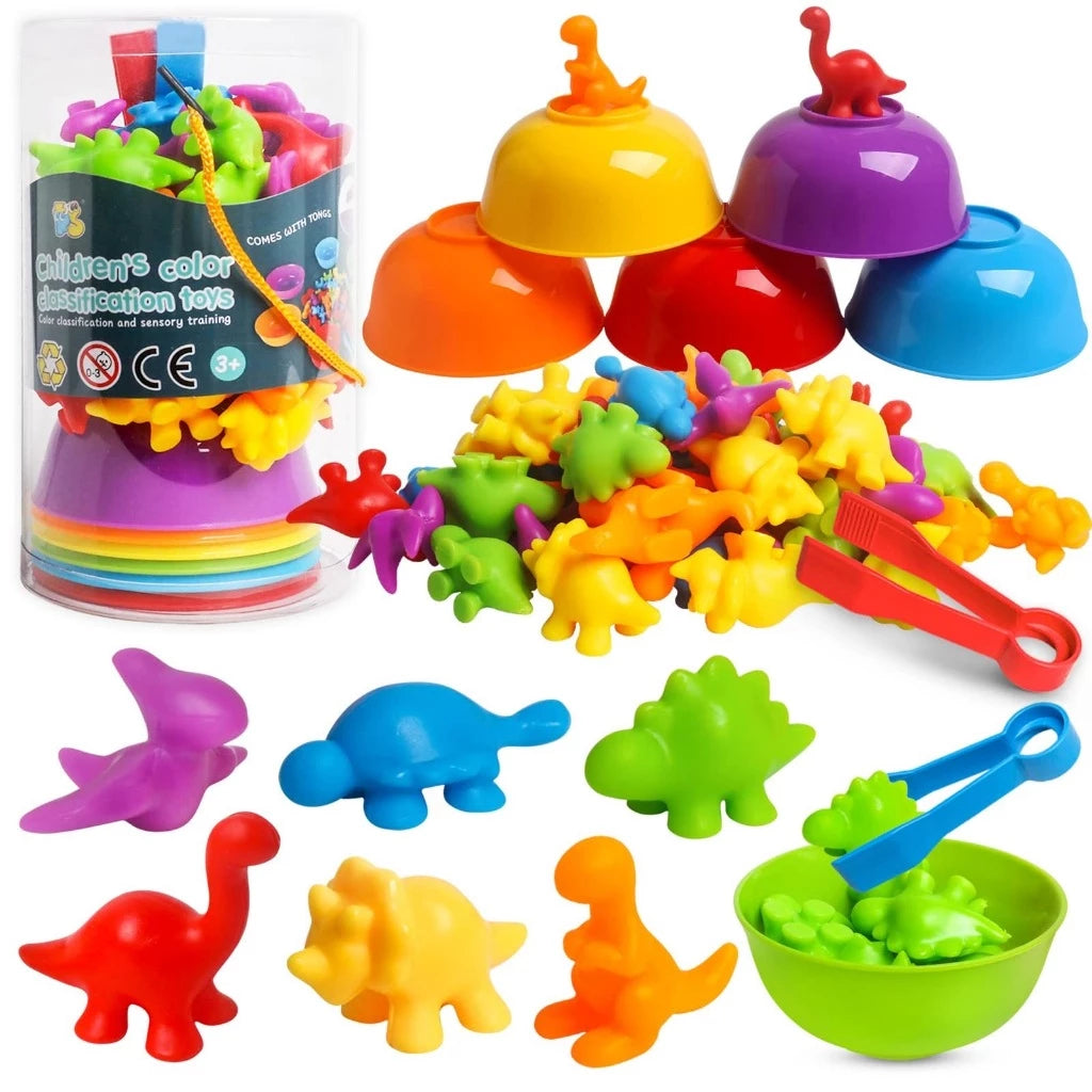 Kit Educativo Montessori | Animais Coloridos + Tigelas + Pinças | Matemática e Coordenação Motora