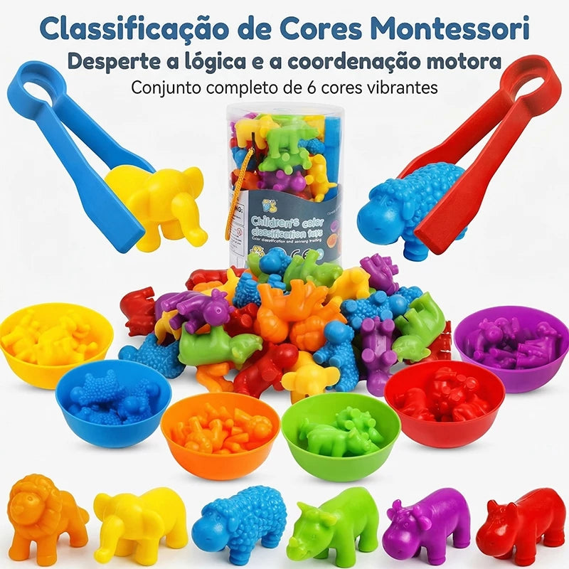Kit Educativo Montessori | Animais Coloridos + Tigelas + Pinças | Matemática e Coordenação Motora