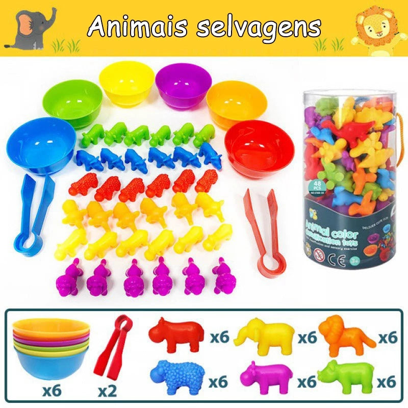 Kit Educativo Montessori | Animais Coloridos + Tigelas + Pinças | Matemática e Coordenação Motora