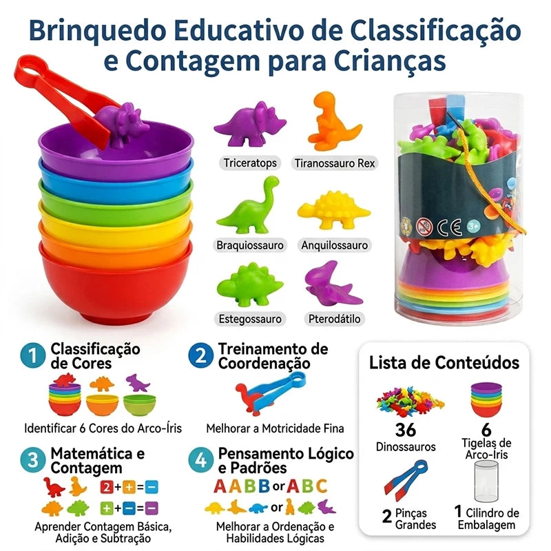 Kit Educativo Montessori | Animais Coloridos + Tigelas + Pinças | Matemática e Coordenação Motora