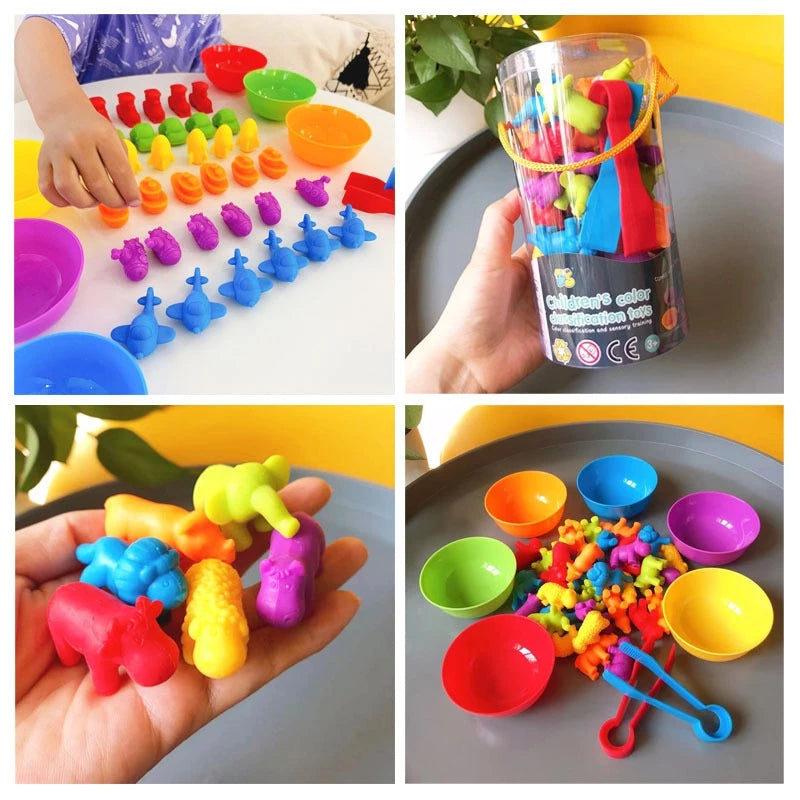 Kit Educativo Montessori | Animais Coloridos + Tigelas + Pinças | Matemática e Coordenação Motora