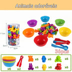 Kit Educativo Montessori | Animais Coloridos + Tigelas + Pinças | Matemática e Coordenação Motora