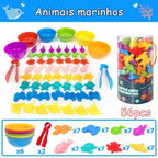 Kit Educativo Montessori | Animais Coloridos + Tigelas + Pinças | Matemática e Coordenação Motora
