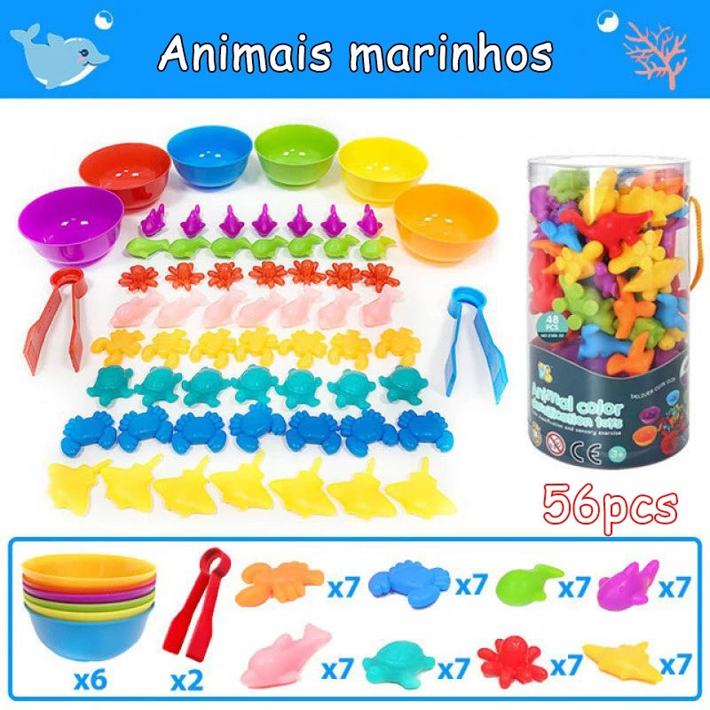 Kit Educativo Montessori | Animais Coloridos + Tigelas + Pinças | Matemática e Coordenação Motora