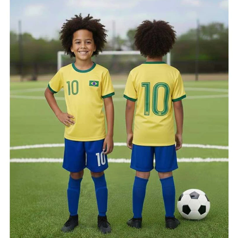 Kit Infantil Seleção Brasileira Unissex | Poliéster Premium que Não Desbota | Camiseta + Shorts