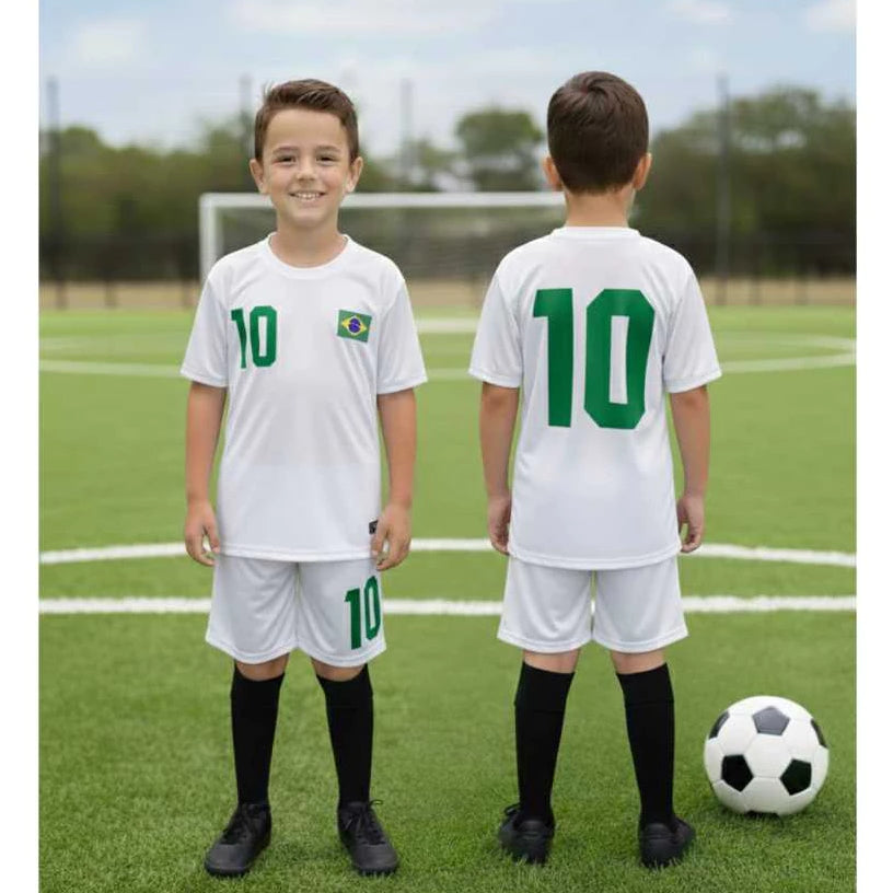 Kit Infantil Seleção Brasileira Unissex | Poliéster Premium que Não Desbota | Camiseta + Shorts