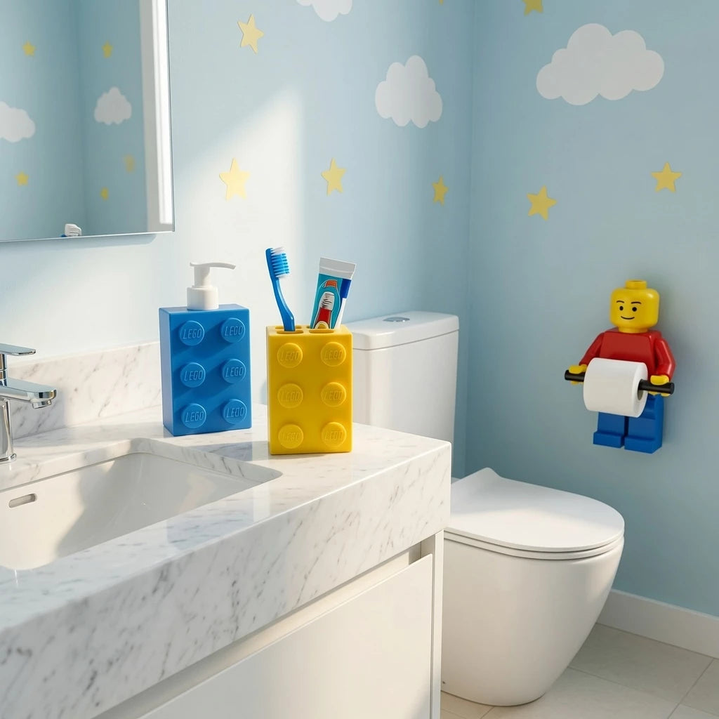 Kit Organizador Banheiro Infantil Tijolinho | 3 Peças | Porta Escova + Porta Sabão + Porta Papel Higiênico